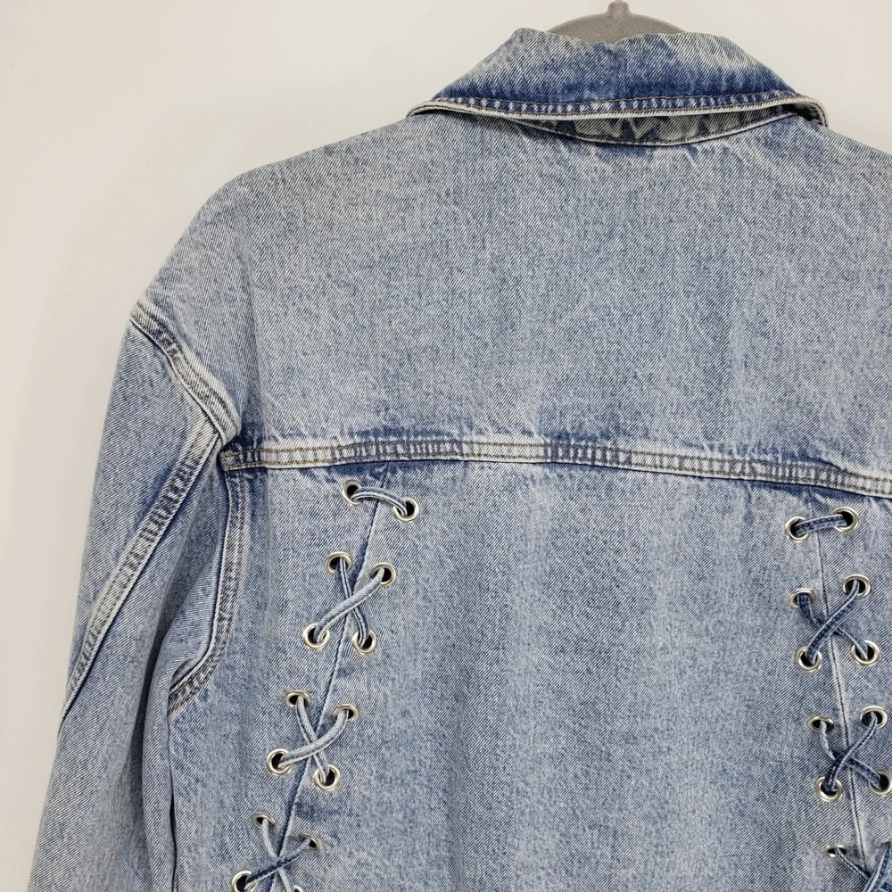 Zara Lace Up Back Cropped Denim Jacket Women XS Light Blue Raw Hem Streetwear